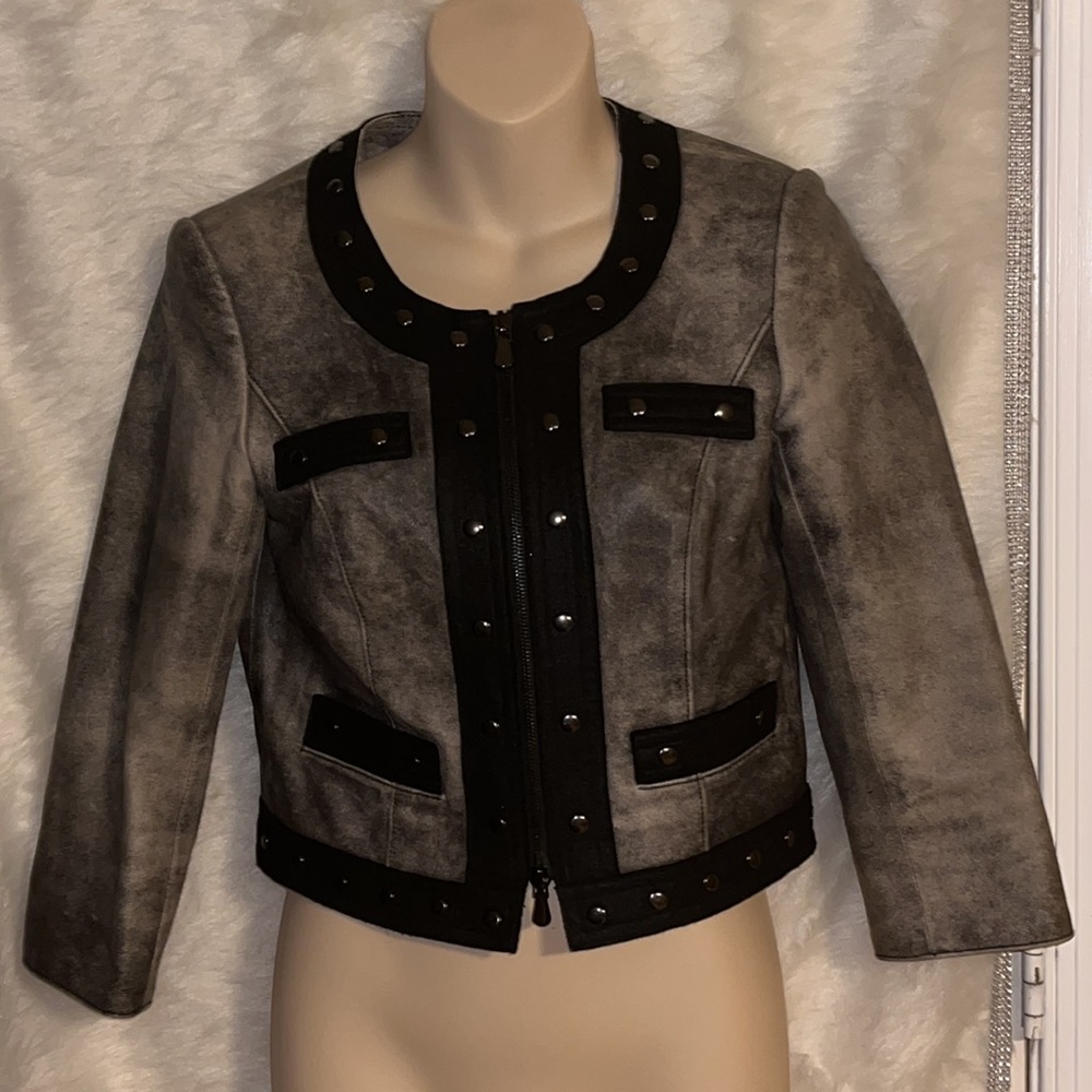 Worth New York Lightweight Cropped Zip Front Leather Jacket with Studded Trim